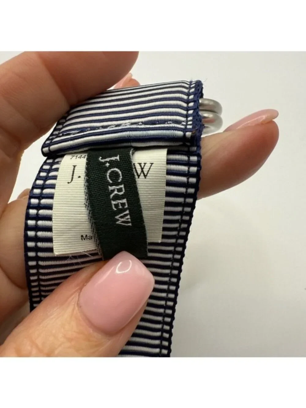 J. Crew Navy White Striped Grosgrain Ribbon D-Ring Belt Preppy Small Medium - Picture 7 of 9